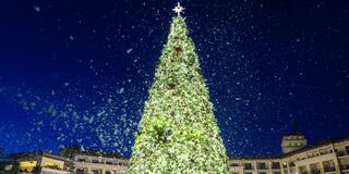 A beautifully lit Christmas tree adorned with decorations stands tall under a starry sky, surrounded by simulated falling snowflakes.