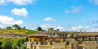 A picturesque vineyard landscape features elegant buildings, lush greenery, and a clear blue sky, embodying tranquility and luxury.