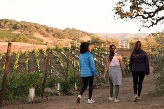 Three women walk along a dirt path through vineyards at sunset, surrounded by hills and lush greenery, enjoying a serene outdoor moment.