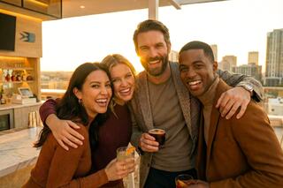 A group of four friends joyfully pose with drinks at a rooftop bar, enjoying a sunset view and each other's company.