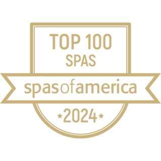 Gold badge featuring "TOP 100 SPAS" and "spasofamerica 2024," highlighting outstanding spas for the year.