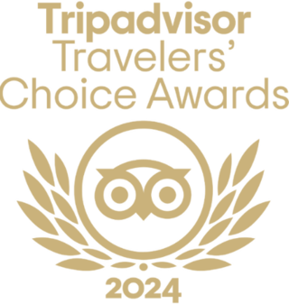 Gold emblem featuring the TripAdvisor logo, surrounded by laurel leaves, announcing the 2024 Travelers' Choice Awards.