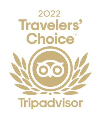 A gold emblem featuring an owl, surrounded by laurel leaves, highlights the 2022 Travelers' Choice award from Tripadvisor.