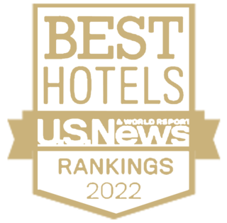 A gold badge featuring "Best Hotels" and "U.S. News Rankings 2022," highlighting top hotel selections for that year.