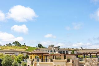 A picturesque vineyard landscape features rolling green hills, a sophisticated building, and a clear blue sky dotted with fluffy clouds.